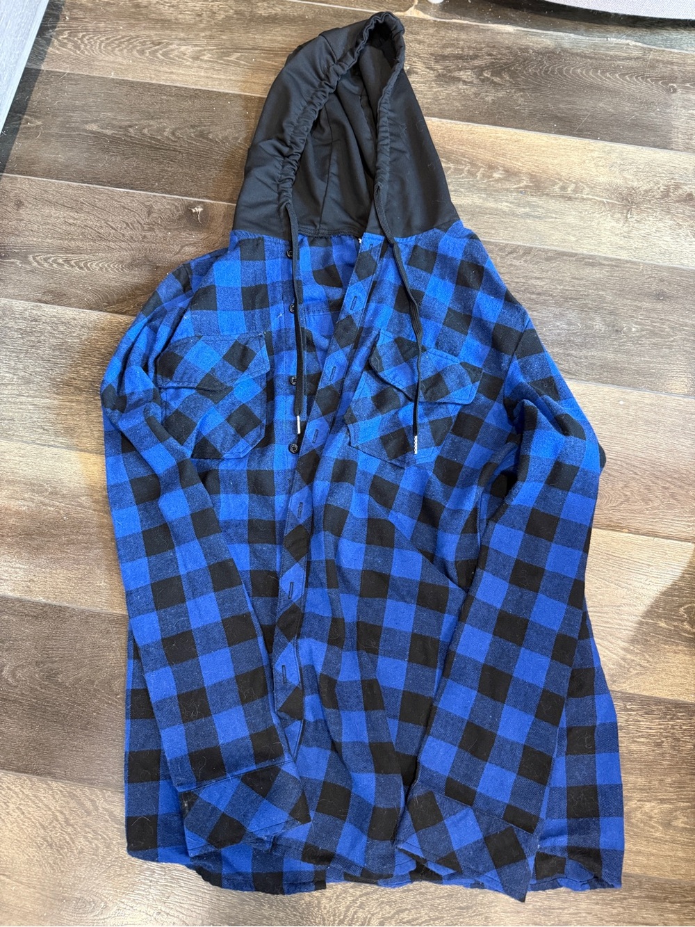 Men’s Blue & Black Plaid Hooded Flannel Shirt Jacket
